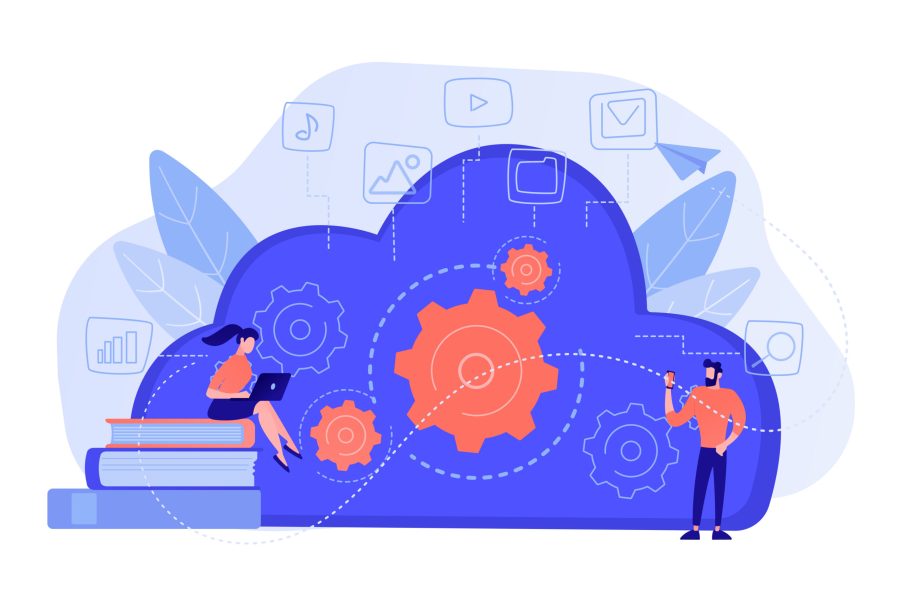 Developers using laptop and smartphone working with cloud data. Multimedia and big data architecture, database, cloud computing, cloud platform concept. Vector isolated illustration.