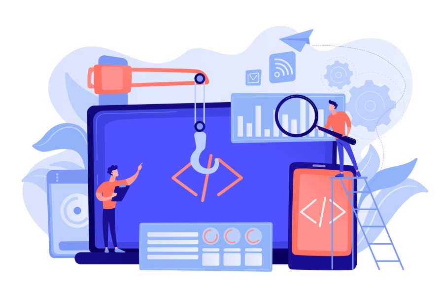 Engineer and developer with laptop and tablet code. Cross-platform development, cross-platform operating systems and software environments concept. Pinkish coral bluevector isolated illustration